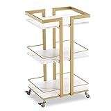 M MCombo Servierwagen mit Rollen, Küchenwagen Barwagen Metallgestell Weiß-Gold, Moderne Rollwagen Mehrzweckwagen mit 3 Ebenen, für Küche Bad Wohnzimmer Büro, 48 * 43 * 76cm, 0033
