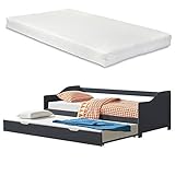 [en.casa] Tandembett 2X 90x200cm Dunkelgrau Ausziehbett mit 2X Matratzen Doppelt Sofabett mit Lattenrost Funktionsbett Kiefernholz Schlafsofa Gästebett Kojenbett Tagesbett