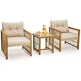 COSTWAY 3-teiliges Terrassenmöbel-Set aus Rattan, Traglast 180 kg, Gartenmöbel, 2 Sessel, Couchtisch, aus Akazienholz, mit waschbaren Kissen, Armlehnen, für Garten, Balkon