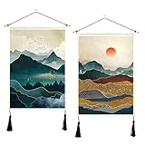 ORTIGIA 2er Set Japanische Wandbehang Berg Wald Sonnenuntergang Wandteppich Nature Landschaft Wandtuch Wanddeko für Schlafzimmer 35cmx50cm