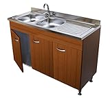 Arredobagno e Cucine Küchenschrank Teakholz mit 3 Türen, Edelstahl-Spüle links 120 cm, Unterschrank