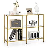 GOPLUS 3 Ebenen Konsolentisch aus Glas, Flurtisch Gold mit Ablage, Couchtisch Sofatisch schmal für Flur & Wohnzimmer (100 x 30 x 73 cm (L x B x H))