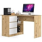 AKORD Eck-Schreibtisch B-16 mit 3 Schubladen und 2 Ablagen | Schreibtisch | ecktisch | Eck Schreibtisch für Home Office | Einfache Montage | B124 x H77 x T85, 48 kg | Eiche Artisan