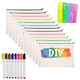 12 Stück DIY Blanko Stoffbeutel, Reise Kulturbeutel, Segeltuch Kosmetiktasche, Kommt mit 8 Farbigen Stiften und 4 Zeichenvorlagen, für Reisen Make Up Taschen, Aufbewahrung Schreibwaren