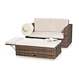 Melko Gartenset Poly Rattan Lounge Möbel Sitzgruppe mehrteilige Sofa-Garnitur aus Holz in Braun mit klappbarer Fußbank & Stauraum, Tisch inklusive Kissen - Geeignet als Balkonmöbel Set, Terrassenmöbel Lounge & Gartenmöbel Set