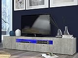 Dmora Wohnzimmer TV-Ständer, Made in Italy, TV-Ständer mit 3 Türen und Regalen, cm 200x40h37, Zementfarbe, mit blauem LED-Licht