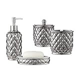 Motifeur Badezimmer Zubehör Set, 4-teiliges Keramik Bad Zubehör Komplettset mit Lotionspender/Seifenpumpe, Baumwollglas, Seifenschale und Zahnbürstenhalter (Ananas-Muster, Silber)
