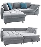 Modernes Ecksofa mit Schlaffunktion und Bettkasten, Wellenunterfederung, gemütliches L-Sofa 250 x 190 cm, Longchair Ottomane links, Couch mit Microfaser-Stoff Grau, 2 Zierkissen Blau | 17104