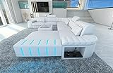 Wohnlandschaft Bellagio XXL Leder Couch mit Kopfstützen Ledersofa LED Licht Sofa mit Ottomane (Ottomane rechts, White)