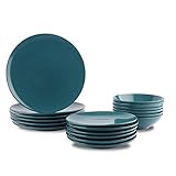 Amazon Basics – Geschirrservice aus Steingut, 18-teilig, dunkles Türkis, Service für 6 Personen