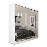 MEBLINI Kleiderschrank mit Spiegel, 2 Türen - Schwebetürenschrank mit Kleiderstange - Schlafzimmerschrank mit Einlegeböden - Wardrobe Closet - Flores - 200 cm - Weiß + Spiegel