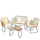 Neo Gartenmöbel, Terrasse, Weidenkorb, Bambus-Stil, Stuhl, Tisch, Outdoor, Innenbereich, Balkon, Wintergarten, Rattan-Kissen, Sofa-Set, 4-teilig (Natur)