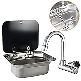 Einzelne Schüssel RV Hand Wash Rechteckige Becken Waschbecken mit Deckel für Fit für kompatibel mit RV Wohnwagen Camper Küche Edelstahl-Spüle 16.5'x 14.3 x 6.3' (with faucet U)