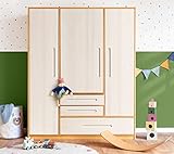 BioKinder Kleiderschrank Kinderkleiderschrank 3-türig Lina Schrank aus zertifiziertem Bio-Massivholz Erle und Kiefer Naturweiß lasiert H 190 x B 153 x T 55 cm