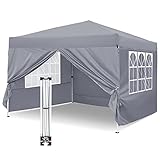 Pavillon, Ej.Victor Faltpavillon 3 x 3 Wasserdicht Stabil Winterfest mit 4 Seitenteilen und Fenstern, Garten Partyzelt UV Schutz 50+ für Festival, Party, Marktstand, Flohmarkt und Campen - Grau