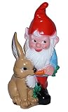 OM Gartenzwerg Deko Garten Figur Zwerg mit Hase und Bewegungsmelder Pfiff aus Kunststoff Höhe 38 cm