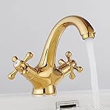 KRIVS Vintage Badezimmer Wasserhahn, Kalt Heiß Mixer Vintage Waschtischarmatur, Doppelter Kreuzgriff Einloch Badezimmer Waschbecken Wasserhahn, Messing Badezimmer Wasserhahn, Gold Wasserhahn