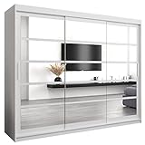Kryspol Schwebetürenschrank Roma 2 250 cm mit Spiegel Kleiderschrank mit Kleiderstange und Einlegeboden Schlafzimmer- Wohnzimmerschrank Schiebetüren (Weiß)