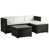 Juskys Polyrattan Lounge Punta Cana M wetterfest mit 3er Sofa, Hocker, Tisch & Kissen - 3-4 Personen - Gartenlounge Gartenmöbel Set schwarz/Creme