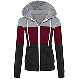 Lazzboy Store Kapuzenpullover Frauen Sport Langarm Farbe Kontrast Patchwork Reißverschluss Kapuze Pocket Jacket Hoodie Top Herbst Winter Mantel (Wein,3XL)