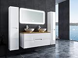 OIMEX TAMBUS 120 cm Bambus Badmöbel Set Hochglanz Weiß, Doppel Waschtisch Unterschrank mit 2 Aufsatz-Waschbecken aus Keramik, LED-Spiegel, Seitenschrank, Größe: Waschtisch mit 2 Seitenschränken
