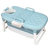 Edaygo Badewanne Wanne Sitzbadewanne Faltbar, Mit Abdeckung, Mit Kopfstütze und Massagerollen, 112 x 62 x 52 cm, Türkis-Weiß