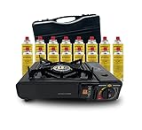 Clearfee Campingkocher Set | Gaskocher | inkl. Aufbewahrungsbox | Gaskartuschen | Kartuschen-Kocher | Gasherd (+ 16 Gaskartuschen)