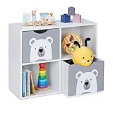 Relaxdays Kinderregal Bär, 2 Schubladen, 2 offene Fächer, H x B x T: 48 x 60 x 24,5 cm, Bücherregal Kinder, weiß/grau