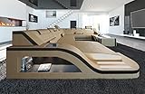 XXL Sofa Wohnlandschaft Palermo Ledersofa U Form - mit LED Beleuchtung, verstellbare Kopfstützen, Recamiere/Lederfarben wählbar/Ausrichtung wählbar (Ottomane Links, Sandbeige-Schwarz)