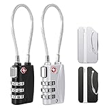 TSA Gepäckschlösser, 2 Gepäckschloss + 2 Aluminium Gepäckanhänger Kofferschloss mit Flexiblem Kabel 3-Stellige Kombination Sicherheitsschloss Reiseschloss für Koffer Rucksack- Schwarz + Silber
