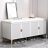 Schuhschrank mit großem Fassungsvermögen für den Eingangsbereich, Schuhbank aus Holz mit verstellbaren Regalen, bequemes Schuhregal aus Leder mit Sitzkissen, Weiß, 90 x 30 x 50 cm (35 x 12 x 20 Zoll)