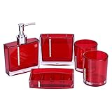 Yosoo 5-Stück Erstklassig Badezimmer Set (aus Hochwertige Acryl mit Diamanten) Bad Accessoire Set Lotion-Flaschen, Zahnbürstenhalter, Zahn-Becher, Seifenschale (Rot)