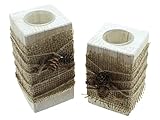 FRANK FLECHTWAREN Teelichthalter Natural Vintage, 2er Set, weiß gekalktes Holz, eckige Form, umwickelt mit Jute, Zapfendeko, herausnehmbarer Glaseinsatz, Maße: Höhe 12 cm, 15 cm, ohne Teelichter