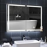 DICTAC Spiegelschrank Bad mit LED Beleuchtung und Steckdose Doppelspiegel 80x13.5x60cm Metall Spiegelschrank mit Ablage,Badschrank mit Spiegel,3 Farbtemperatur dimmbare,Berührung Sensorschalter,Weiß