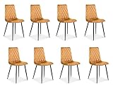 BETTSO -8 x Esszimmerstühle 8er Set Esszimmerstuhl Küchenstuhl Polsterstuhl Design Stuhl mit Rückenlehne, mit Sitzfläche aus Samt, Gestell aus Metall-Verso Honiggelb/Beine Schwarz