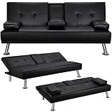 Yaheetech 3er-Sofa Schlafsofa Couch mit Tassenhalter Gästebett, Rückenlehne neigbar 105°/140°/180°, 167 x 81,5 x 75 cm, 350 KG belastbar, schwarz Kunstleder