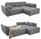 Kuschelige Wohnlandschaft mit Gästebettfunktion, Ecksofa mit Bettkasten, hochwertige Schaumpolsterung und Nosagunterfederung, gemütliches L-Sofa 258 x 192 cm, Couch mit Effektnähten in Grau | 15135