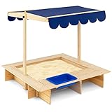 DREAMADE Sandkasten Sandbox mit absenkbarem Dach, Sandkiste aus Holz mit seitlichem Waschbecken und Sitzbank, für Garten Strand Outdoor 115x115x121cm