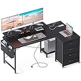 ODK L-förmiger Schreibtisch mit USB-Ladeanschluss und Steckdose, Eckschreibtisch Schwarz mit 4 Schubladen und Monitorablage L Form Computertisch für den Heimarbeitsplatz, 140x80x87cm