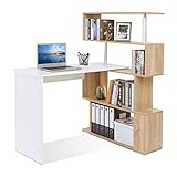 Meerveil Computertisch L-Förmig, Eckschreibtisch, mit 360 Grad Drehbarem Bücherregal für Arbeitszimmer Wohnzimmer Büro 157 x 45 x 130,5 cm, Weiß und Natürliche Holzmaserung