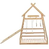 XPSSJMU Holzbett mit Schaukel, Zugring, Kletterleiter und KletternetzHausbett mit einziehbaren Lattenroste Rahmen aus Kiefernholz 120x200cm Natur