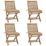 JUNZAI Klappbare Gartenstühle mit Kissen, Gartenmöbel, Balkonstühle, Bistrostuhl, Chair Outdoor, Balkonmöbel, Balkon Stuhl, Garten Stühle, Armlehnenstuhl, 4 STK. Massivholz Teak