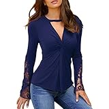 ROGNER Sexy Damen-Oberteil mit V-Ausschnitt Chiffon-Oberteil Spitzendetails Elegante Langarm-T-Shirts Blusen lässige Damen-Oberteile mit V-Ausschnitt Spitzen-Hohlnaht-Langarm-Bottom-Shirt