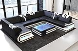 Sofa Wohnlandschaft Ragusa Ledersofa U Form - mit LED Beleuchtung, verstellbare Kopfstützen/Lederfarben wählbar/Ausrichtung wählbar (Lange Seite rechts, Schwarz-Weiß)