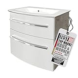FACKELMANN B.Style Badmöbel Set 2 Teile/Gussmarmor Waschbecken/Waschbeckenunterschrank mit 2 Schubladen/hochwertiger Badschrank mit Soft-Close/Korpus: Grau/Front: Weiß/Breite: 63 cm