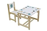Mitwachsende Kindersitzgruppe. Höhenverstellbarer Kindertisch mit Neigungseinstellung und Stuhl aus Birkenholz in Natur/Weiß.