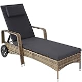 TecTake Poly Rattan Gartenliege mit Rollen, 6-Fach höhenverstellbarer Liegestuhl, bis 120kg belastbar, Sonnenliege Rattan (wetterfest), Liege inkl. Polster und Kissen - Natur/dunkelgrau