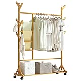 Bambus Kleiderstange Hosenständer, Roll Garderobe mit Rollen, 9 Asthaken und Ablagefach Holzfarbe, 100 x 35 x 155 cm