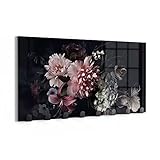 DEQORI Wandgarderobe Glas & Metall | Motiv Blühende Pracht | 60x30 cm | Design Haken-Leiste modern | Garderoben-Paneel für Flur, Wohnzimmer & Schlafzimmer | magnetisch & beschreibbar