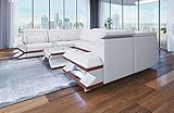 Ledersofa Sorrento in U Form als Wohnlandschaft mit LED Beleuchtung Sofa mit Kopfstützen als Moderne Couch (Lange Seite Links, Weiß-Braun)